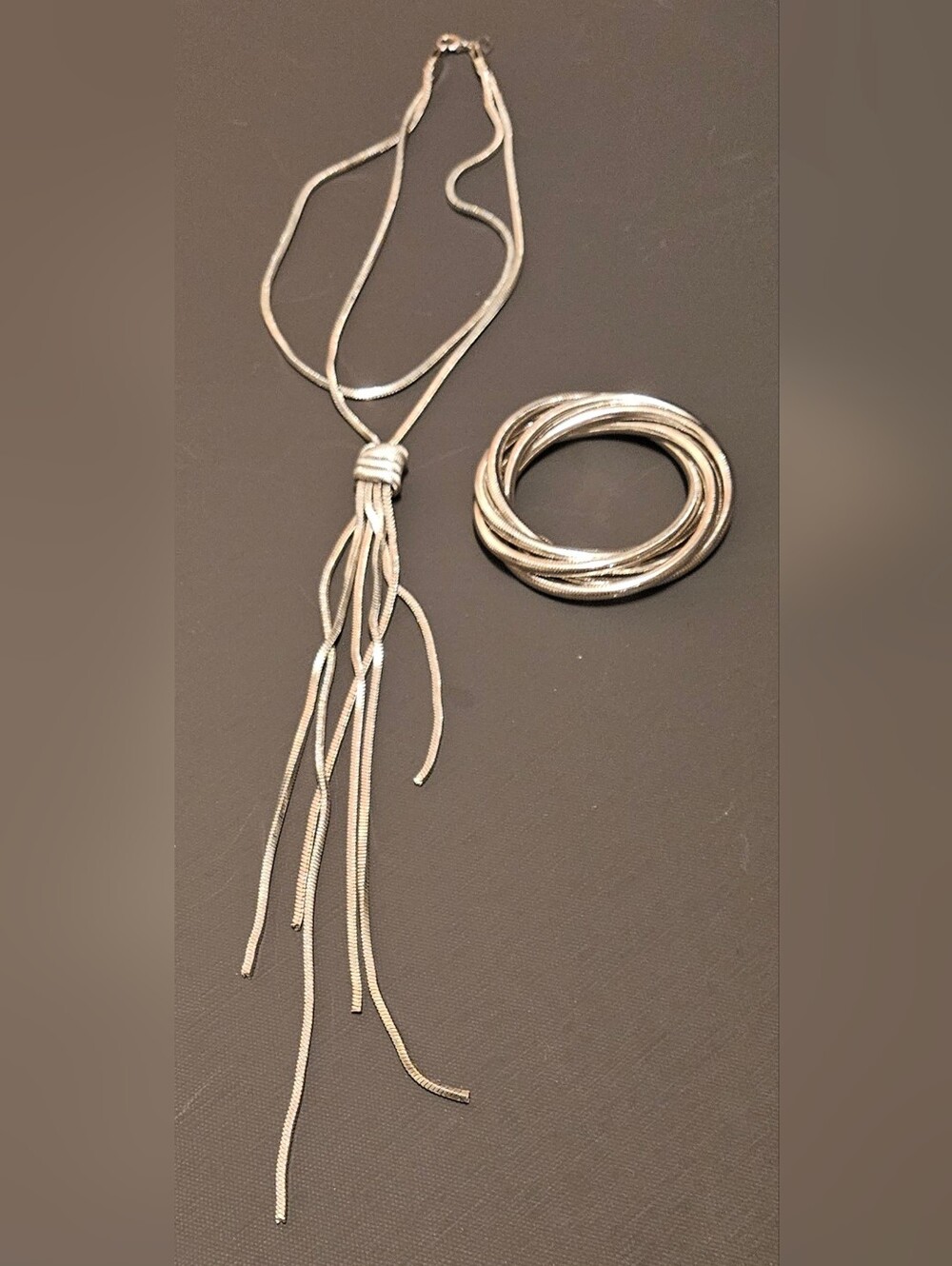 Silver Tassel Tied Long  Necklace with Matching Stackable Snake Bangle Set